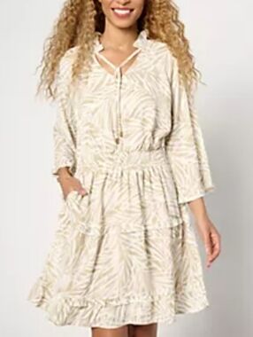 Belle Beach Kim Gravel Seascape Tiered Dress Palm Print Vacay Beach Tropical MP